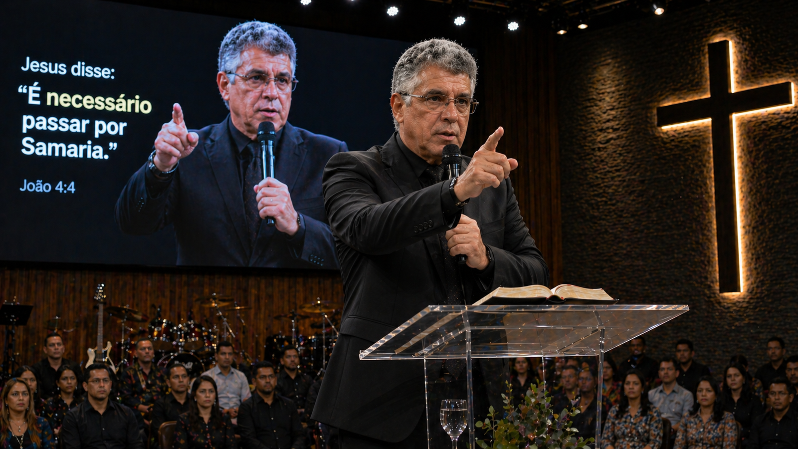 Homem pregando com autoridade em igreja evangélica moderna, usando terno escuro no púlpito, apontando com firmeza, com telão ao fundo mostrando sua própria imagem e mensagem bíblica, representando liderança espiritual e estratégia de fé