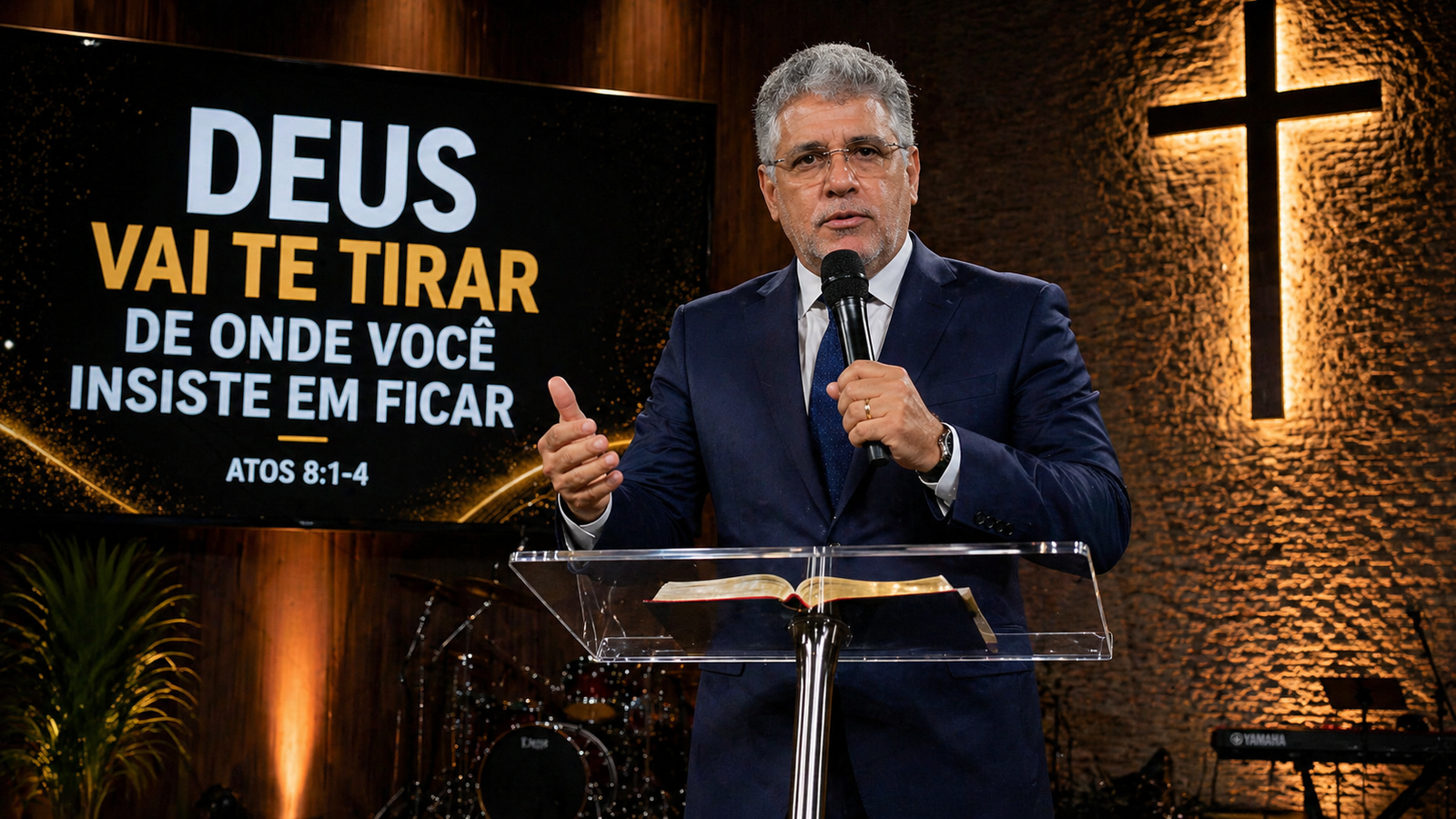 Homem em pé com expressão determinada em ambiente dramático simbolizando mudança, propósito e direção divina