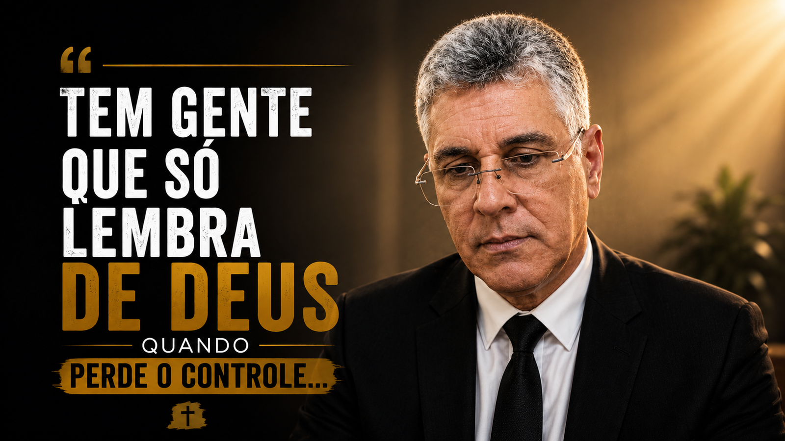 Homem refletindo profundamente em ambiente escuro e dramático sobre depender de Deus nos momentos difíceis