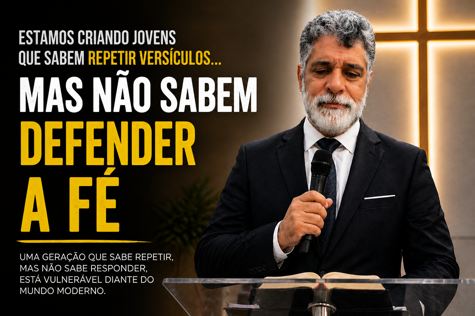 Pregador pregando sobre fundamento da fé cristã em uma igreja moderna com cruz iluminada ao fundo